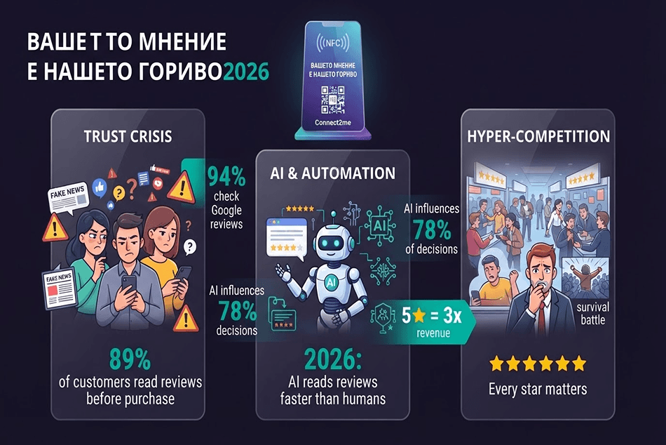 Инфографиката представя тенденциите за 2026 г.: онлайн репутацията, кризата на доверието, отзивите, генерирани от изкуствен интелект, и хиперконкуренцията при вземането на решения.