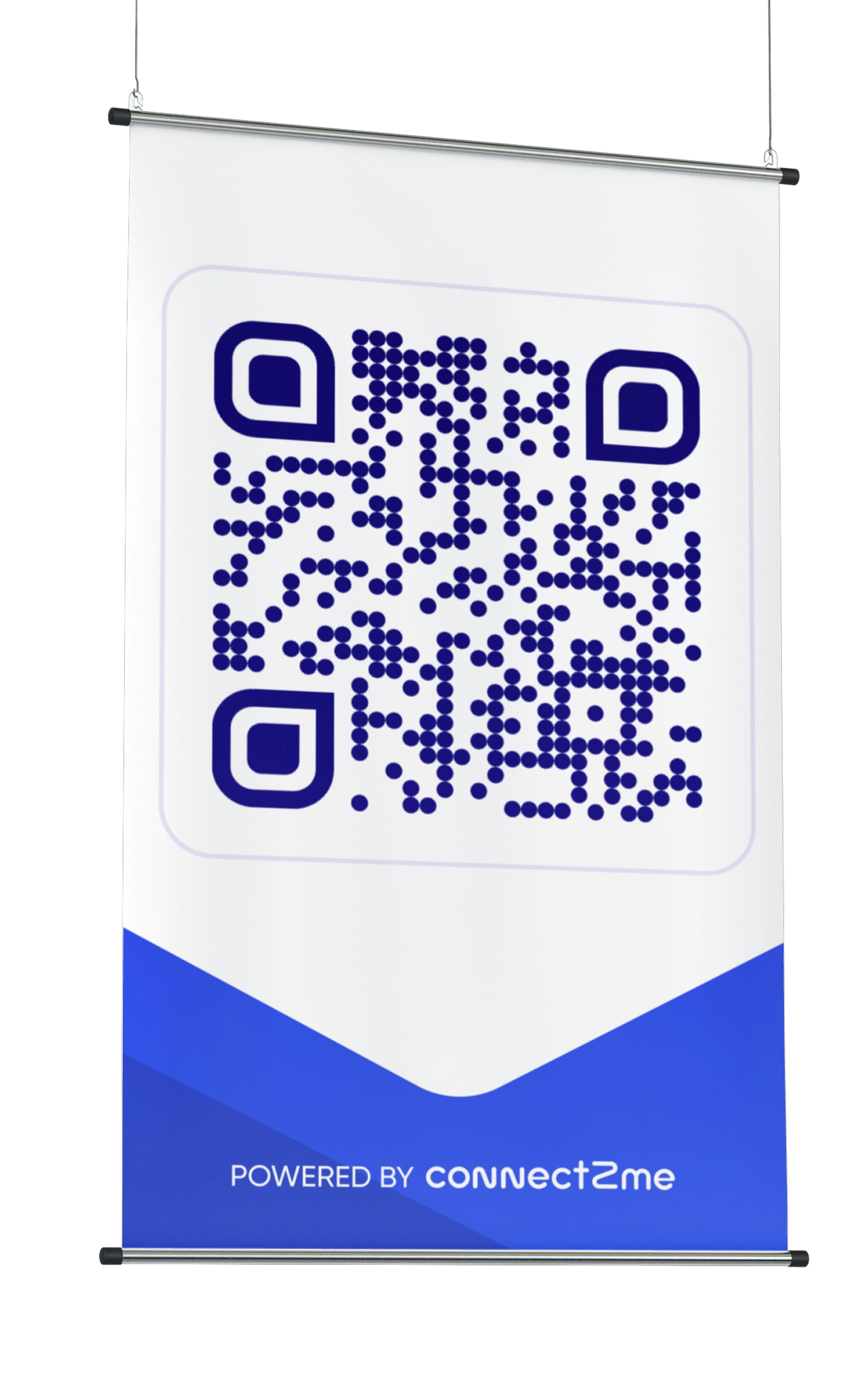 Вертикален банер, на който е изобразен QR код над текста „Powered by connect2me“ на бял и син фон.