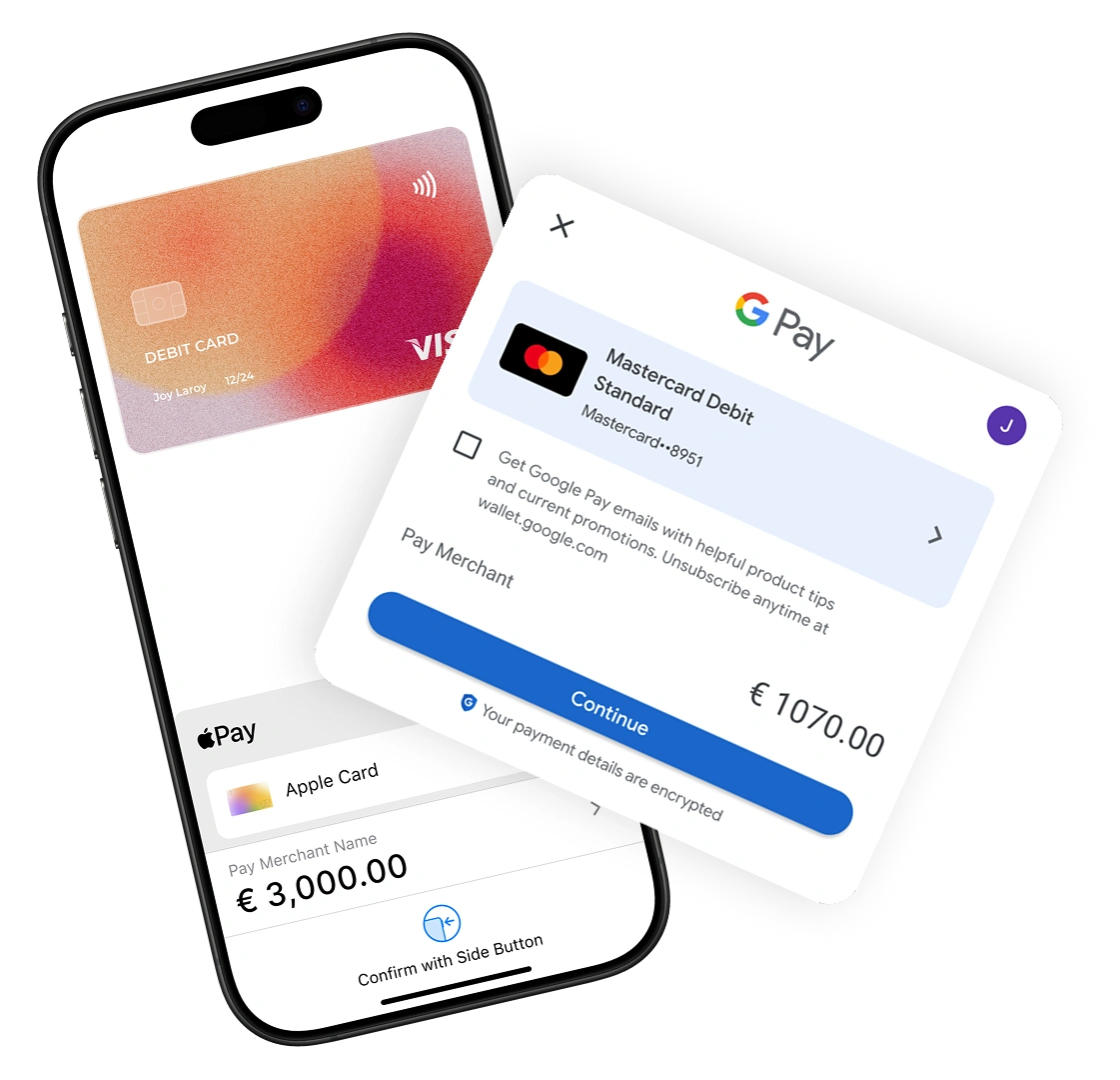 На екрана на смартфон се виждат екрани за плащане чрез Apple Pay и Google Pay, на които са показани дебитни карти и суми за плащане от 3 000 евро и 1 070 евро.