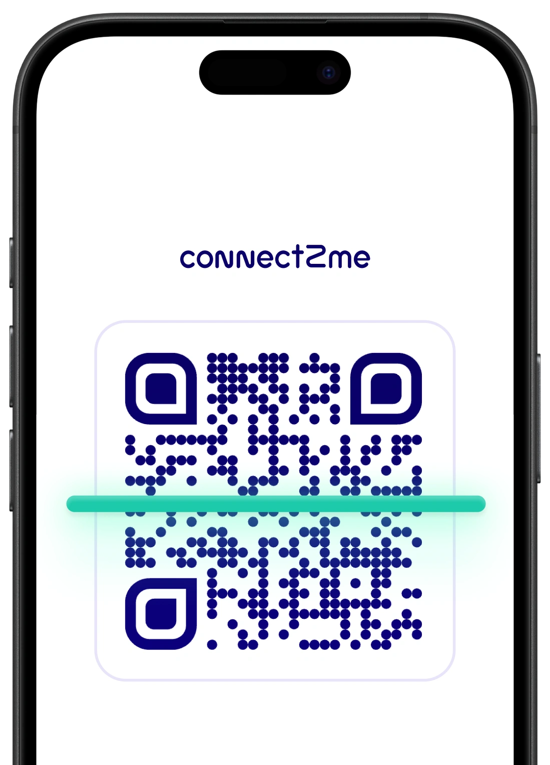 На екрана на смартфон се вижда QR код „connect2me“, който се сканира, като през него минава зелена линия.