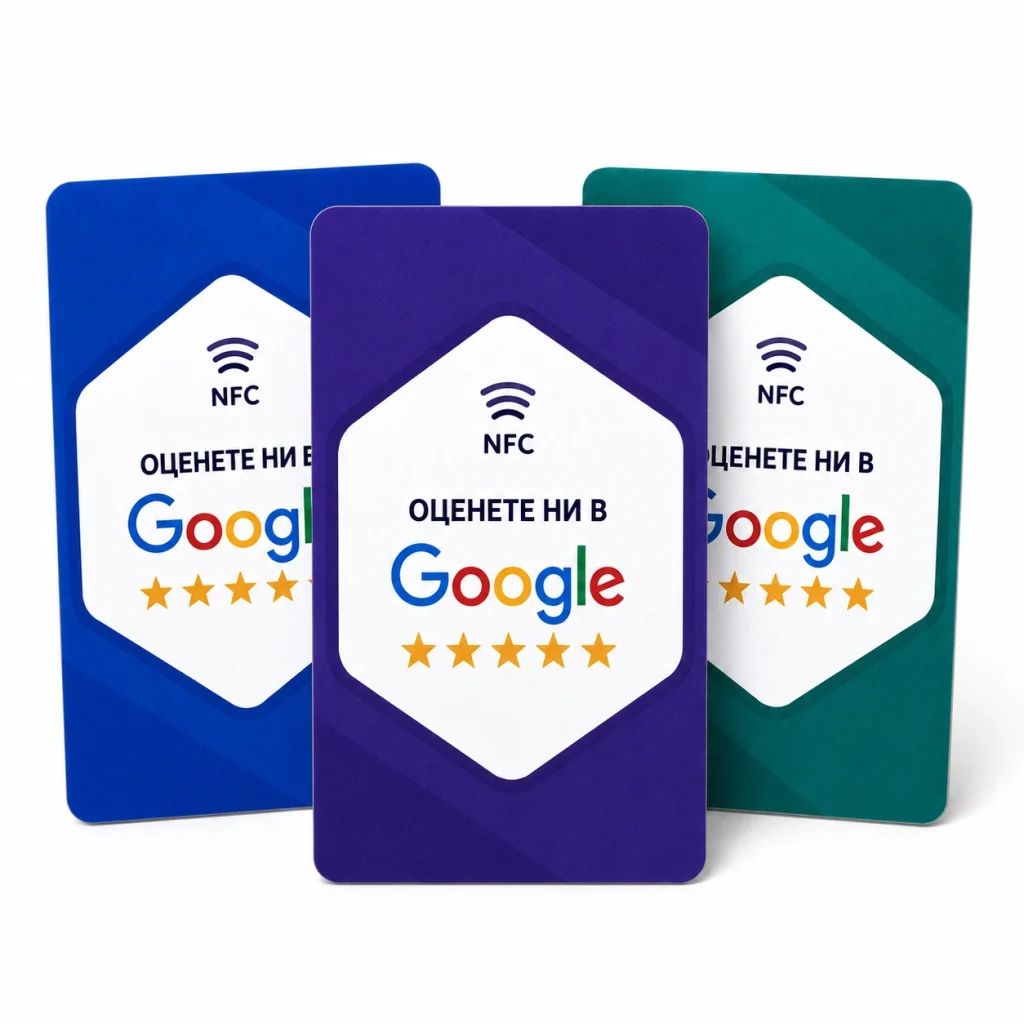 Три карти от Google Review с NFC чип, QR код и пет звезди върху шестоъгълни етикети.