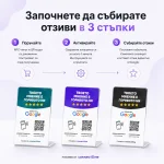 Три табелки „Google Review с NFC чип и QR код“ показват стъпките за оставяне на отзиви на български език чрез NFC или QR код.