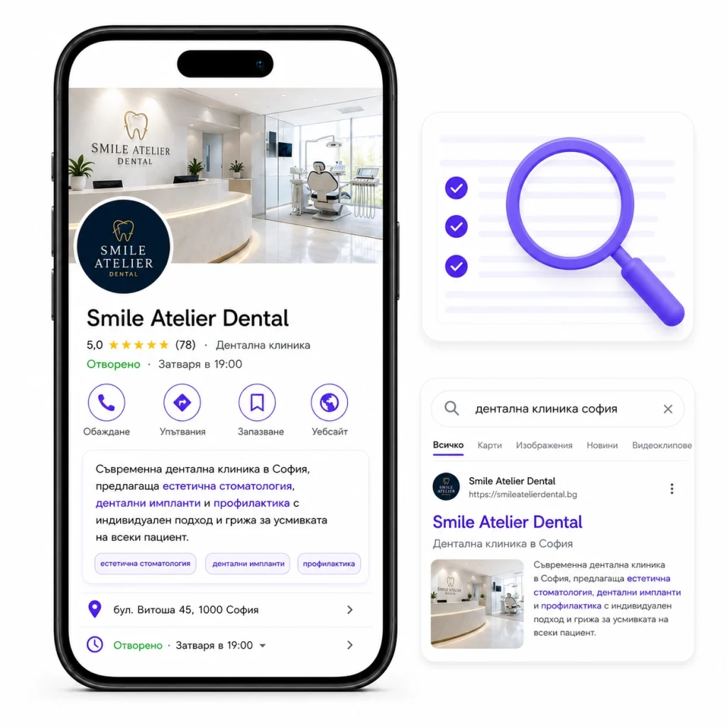 На екрана на смартфон се показва профилът на „Smile Atelier Dental“ в Google; до него са изобразени графики на настолен компютър и лупа.