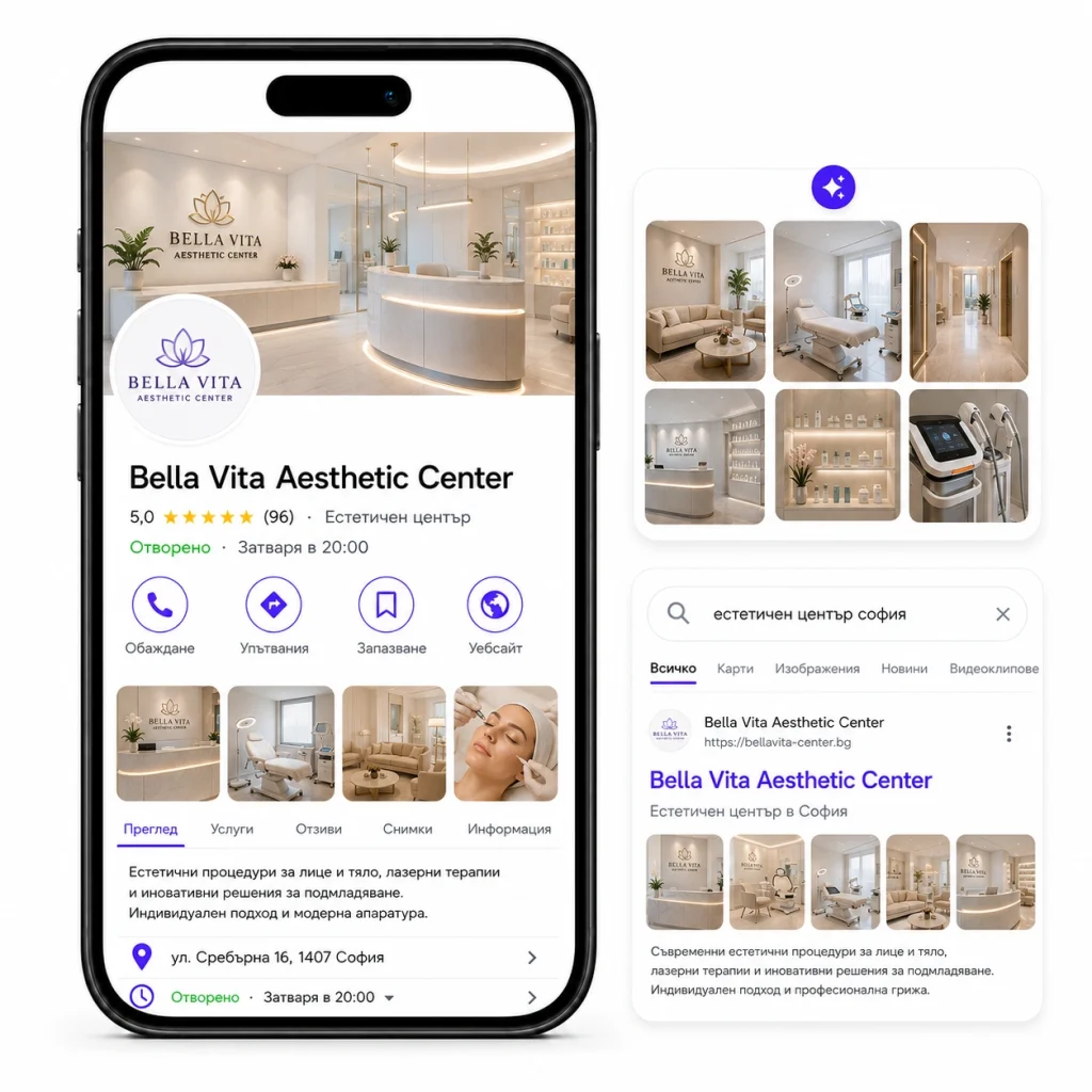 На два смартфона се показва профилът на „Bella Vita Aesthetic Center“ в Google, съдържащ снимки на модерния интериор на клиниката и информация за нея.